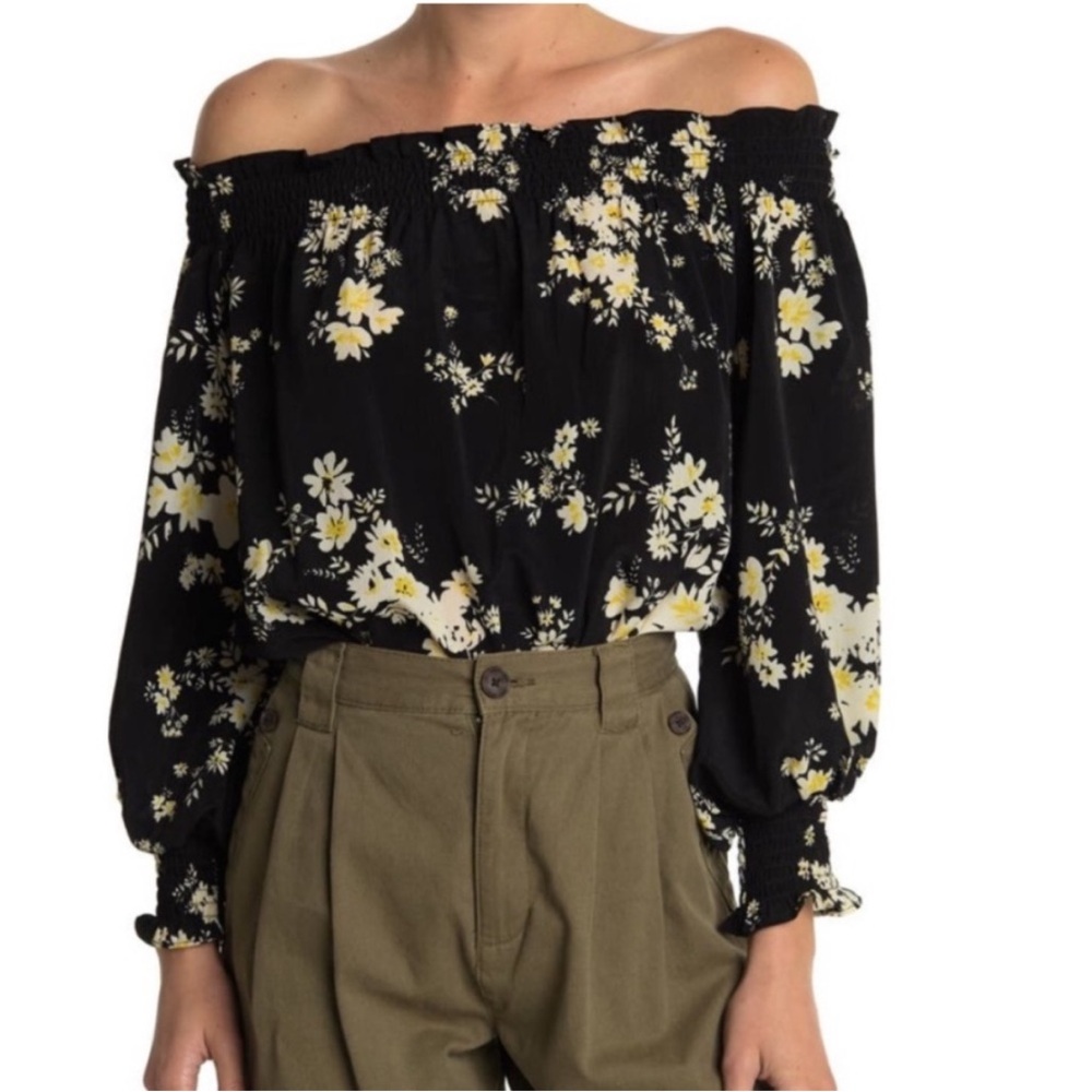 Wayf Women's Black Yellow Floral Off Shoulder Bodysuit size medium
